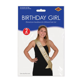 Birthday Girl Rhinestone Headband & Glitter Sash Set