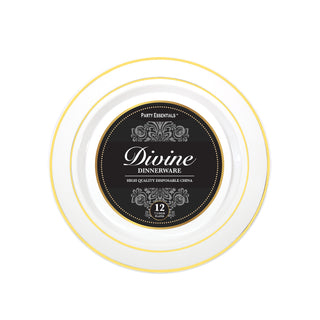 Divine Dinnerware 9 inch Plates Gold Rim White Plates