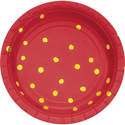 Red and Gold Foil  Polka Dot  Dessert Plates /8 Count /7