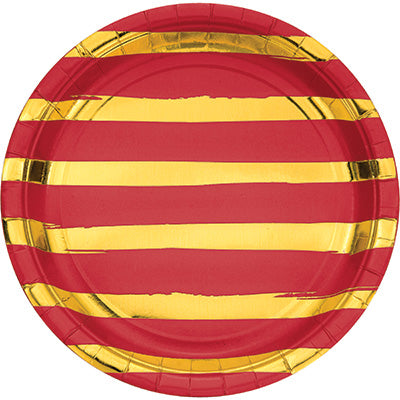 Red and Gold Foil Striped Luncheon Plates/8 Count/9