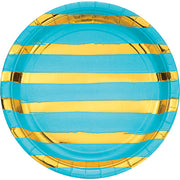 Bermuda Blue and Gold Foil Striped Luncheon Plates/8 Count/9"