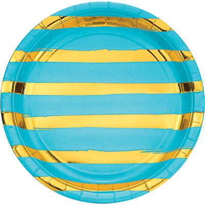 Bermuda Blue and Gold Foil Striped Luncheon Plates/8 Count/9