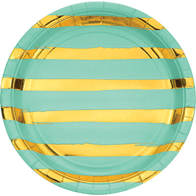 Mint Green and Gold Foil Striped Luncheon Plates/8 Count/9