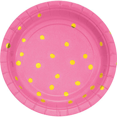 Pink and Gold Foil Polka Dot Dessert Plates/ 8 Count - 7"