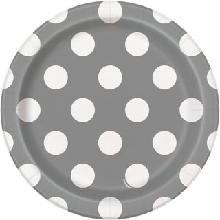 Silver and White Polka Dot Dessert Plates/ 8 Count /7"